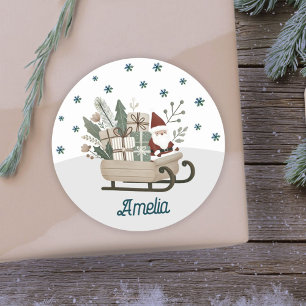 Boho Santa on Sleigh mit Geschenken Schneeflocken Runder Aufkleber