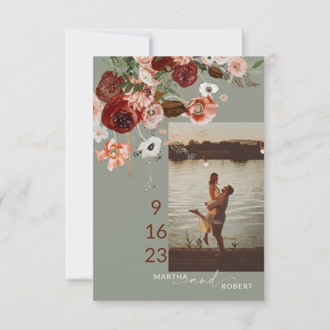 Boho Save the Date Karte mit Foto Terracota Sage (Rückseite)