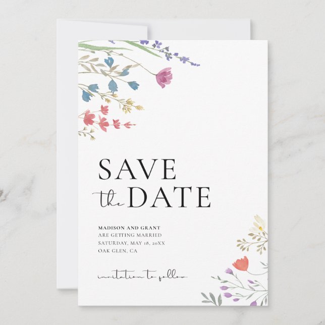 Boho Save the Date, Wildblume Save the Date Einladung (Vorderseite)