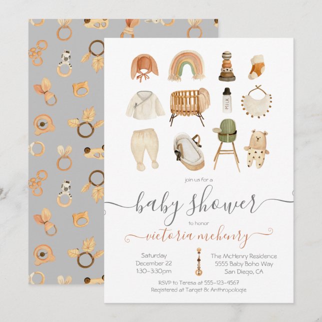 Boho Scandi Baby Shower Einladung (Vorne/Hinten)