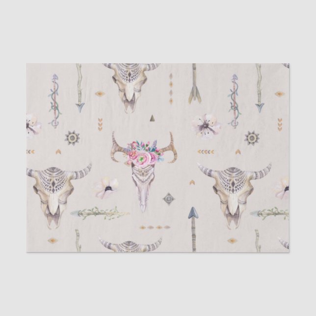 Boho Schädel, Blumen und Pfeil-Muster Seidenpapier (Vorderseite)