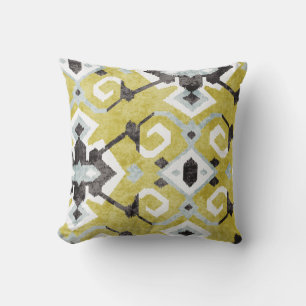 Boho schickes dunkelgraues und gelbes ikat kissen