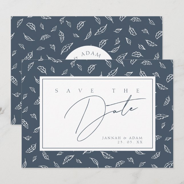 Boho Schieferblaues Blatt Monogramm Save The Date (Vorne/Hinten)
