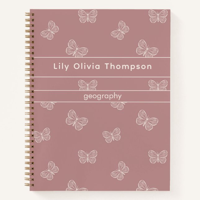 Boho-Schmetterling-Muster-Schulmädchen-Name Mauve Notizbuch (Vorderseite)