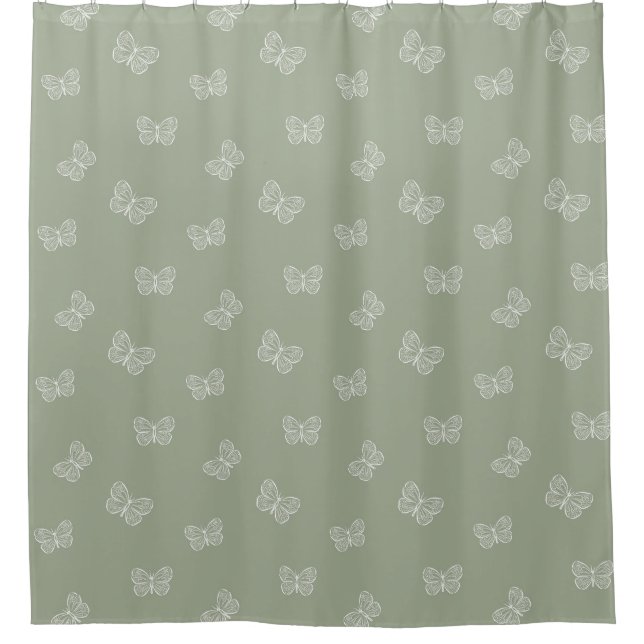 Boho-Schmetterlingsmuster neutrales modern Sagegrü Duschvorhang (Vorderseite)