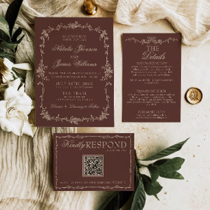 Boho-Schokoladenbraun Floral Old Money Chic Hochze Einladung