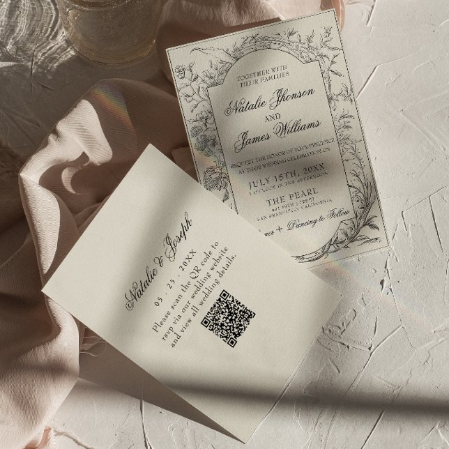 Boho Schwarz Creme Floral Botanisch QR Code Hochze Einladung (Von Creator hochgeladen)