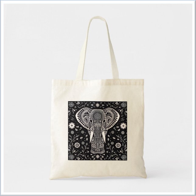 Boho Schwarz-Weiß-Batik-Elefant Tragetasche (Von Creator hochgeladen)