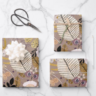 Boho Schwarz-weiß Gold Peach Line Gezeichnet Leaf Geschenkpapier Set