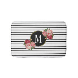 Boho Schwarz-weiß Strip Vintag Floral Monogramm Badematte
