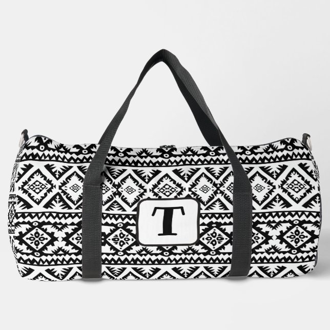 Boho Schwarz-weißes ethnisches Muster 4 Duffle Bag (Vorderseite)