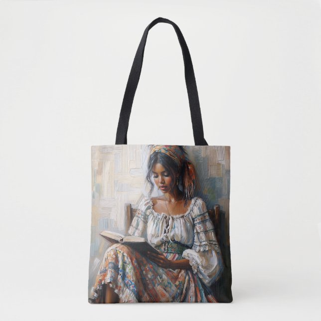 Boho Schwarze Frau beim Lesen Tasche (Vorderseite)