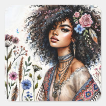 Boho Schwarze Frau mit lockigem Haar Aquarell