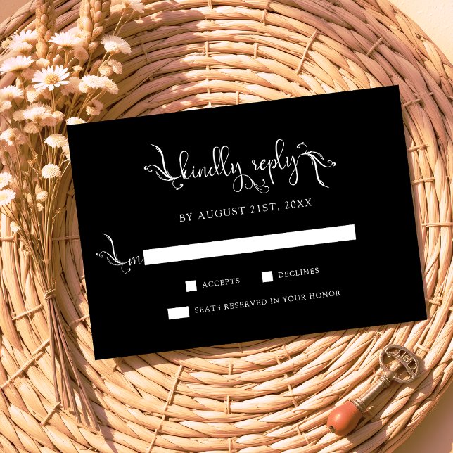 Boho Script Black Wedding Kindly Replay RSVP Cards (Von Creator hochgeladen)