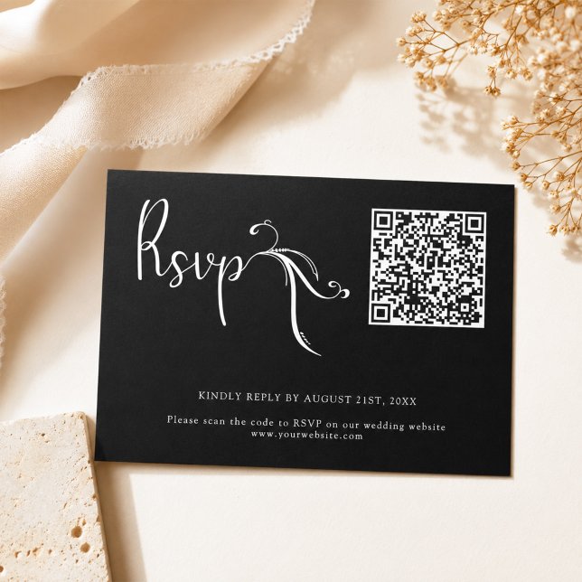 Boho Script Black Wedding QR Code Budget RSVP Card Mitteilungskarte (Von Creator hochgeladen)