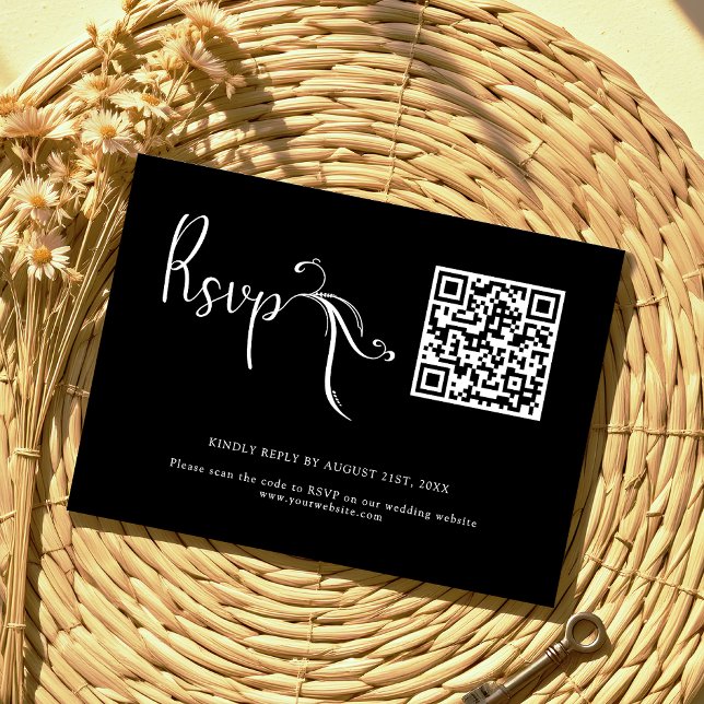 Boho Script Black Wedding QR Code Budget RSVP Card Mitteilungskarte (Von Creator hochgeladen)