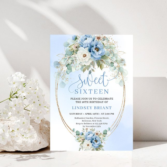 Boho Script Dusty Blue Peonies Gold Sweet Sixteen Einladung (Boho Script Dusty Blue Peonies Gold Sweet Sixteen Invitation)