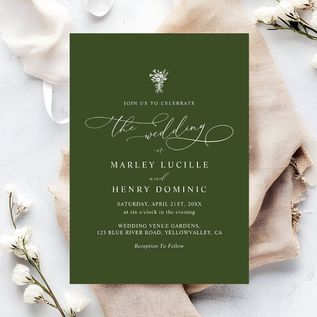 Boho-Script-Kalligrafie Oliven Grün Hochzeit  Einladung (Von Creator hochgeladen)