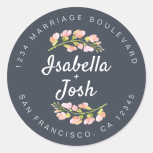 Boho Script Pink Floral Wedding Rücksendeadresse Runder Aufkleber