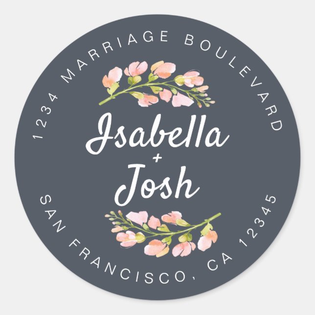 Boho Script Pink Floral Wedding Rücksendeadresse Runder Aufkleber (Vorderseite)