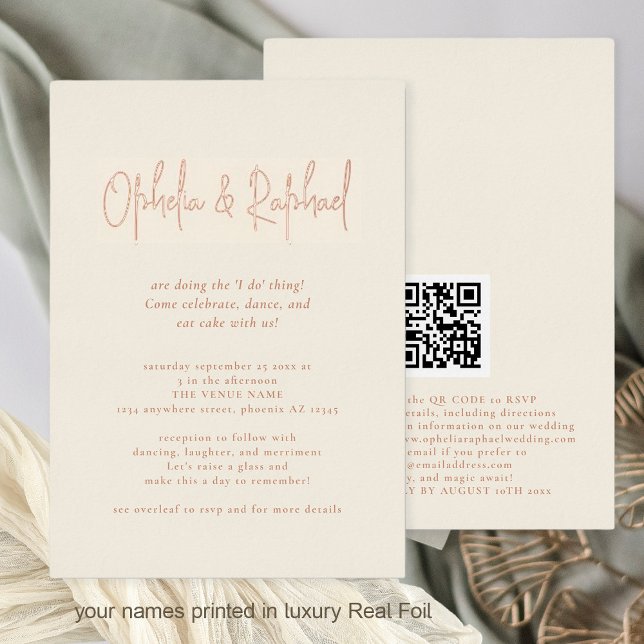 Boho Script QR Code Cream Wedding Luxury Real Folieneinladung (Front and Back View. Luxury real foil for names in rose gold, gold or silver)