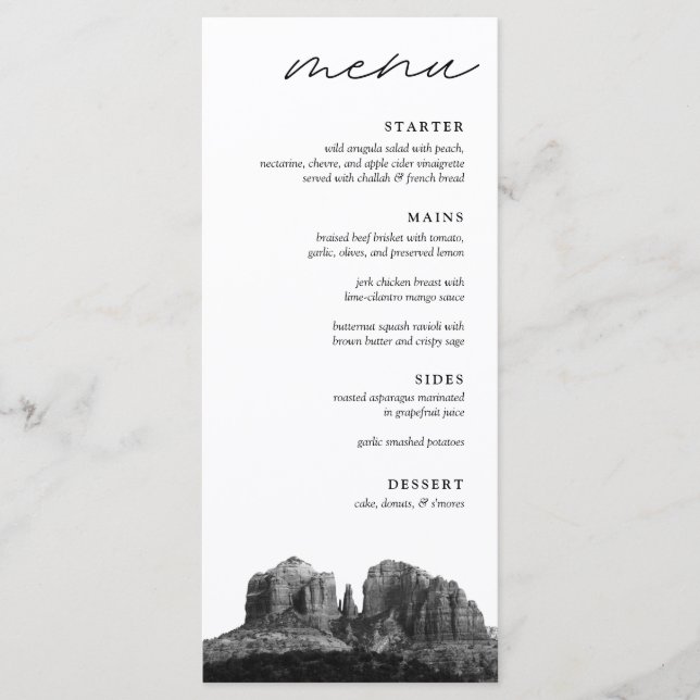 Boho Sedona Arizona Schwarz & Weiß Hochzeitsessen Menükarte (Vorderseite)