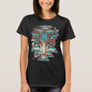 Boho Serape Turquoise Aztec Kuh Bull Skull Western T-Shirt