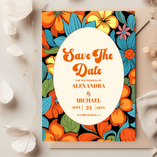 Boho-Siebzigerjahre Retro-Blumenhochzeit Save The Date
