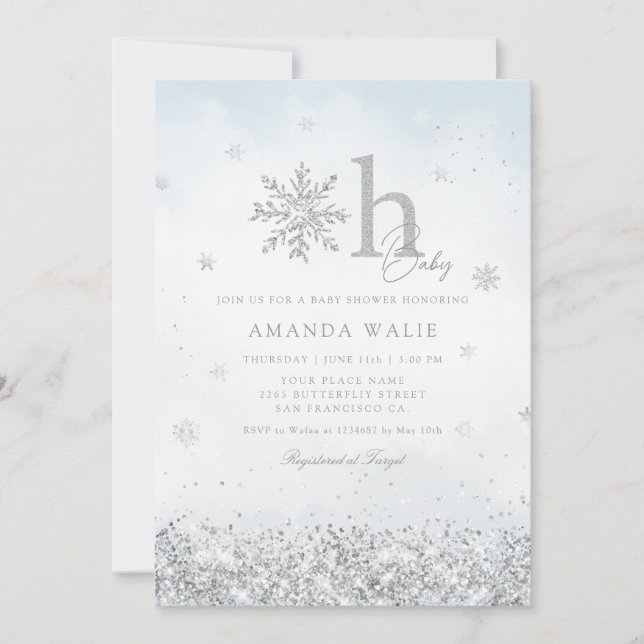 Boho Silver Glitzer Snowflake Winter Baby Dusche Einladung (Vorderseite)