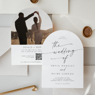 Boho Silver Gray Foto QR Code Arch Wedding Einladung