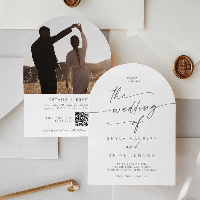 Boho Silver Gray Foto QR Code Arch Wedding Einladung (Von Creator hochgeladen)