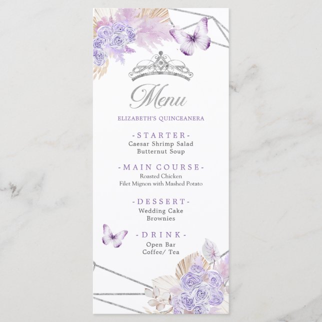 Boho Silver Lila Floral Butterfly Quinceañera Menükarte (Vorderseite)