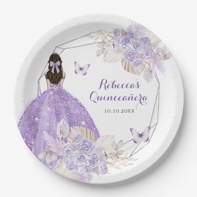 Boho Silver Lila Floral Butterfly Quinceañera Pappteller (Vorderseite)