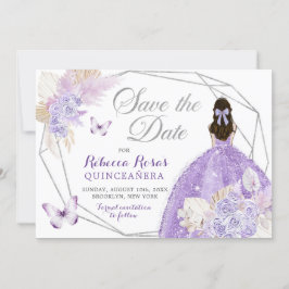 Boho Silver Lilac Floral Quinceañera Save the Date Einladung