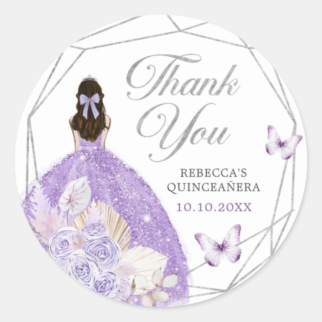 Boho Silver Lilac Floral Quinceañera Vielen Dank Runder Aufkleber (Vorderseite)