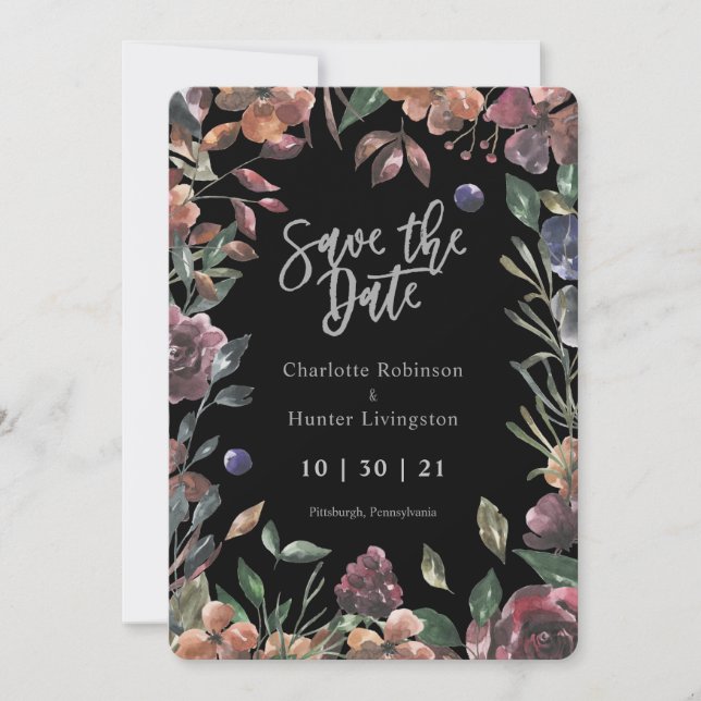 Boho Silver & Watercolor Floral Save the Date (Vorderseite)