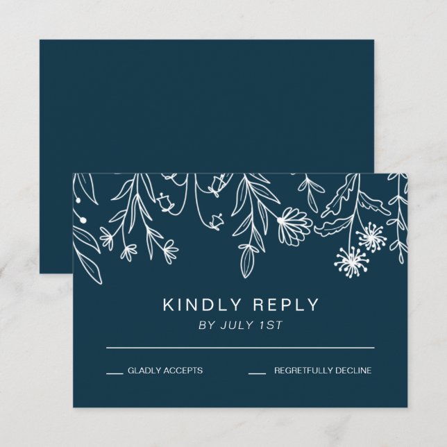 Boho Simple Wildblume Navy Blue Wedding RSVP Karte (Vorne/Hinten)
