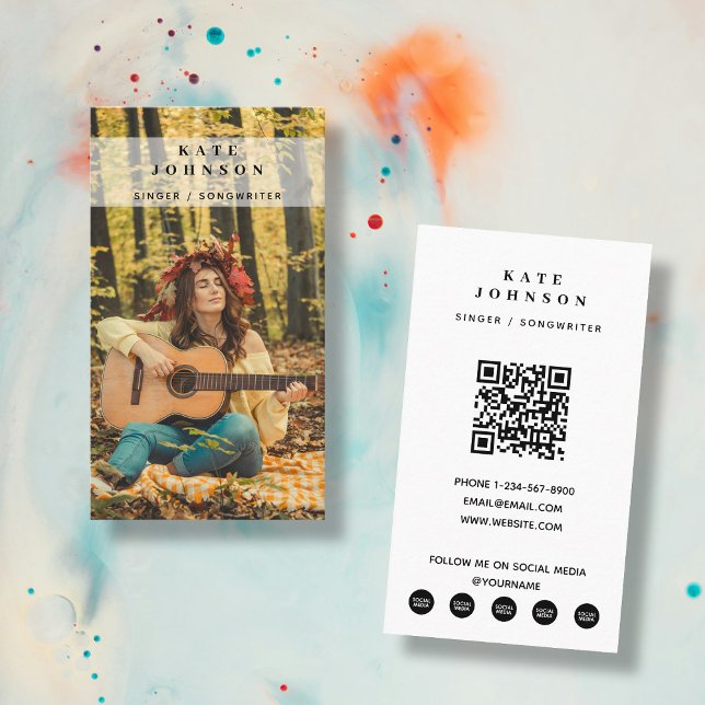 Boho Singer Musician Foto Social Media QR-Code Visitenkarte (Boho Singer Musician Photo Social Media QR Code Business Card)