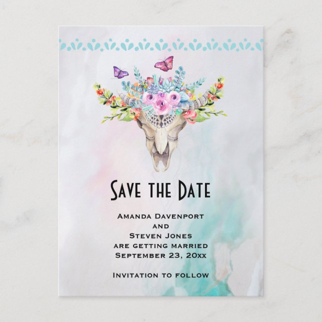 Boho Skull mit Floral Bouquet Save the Date Postkarte (Vorderseite)