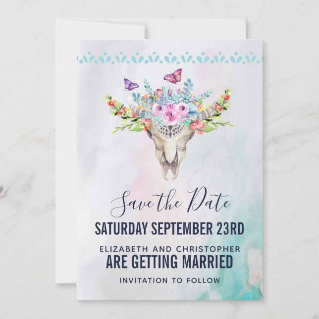 Boho Skull mit Floral Bouquet Wedding Save The Date (Vorderseite)