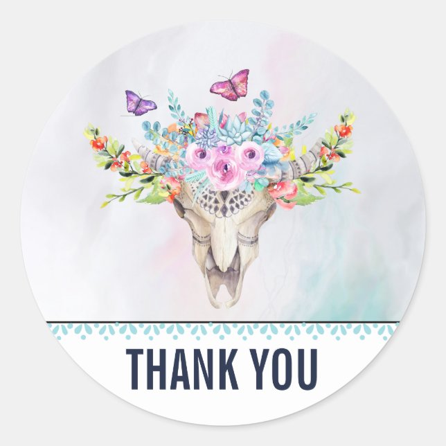 Boho Skull mit Schmetterlingen und Blume Vielen Da Runder Aufkleber (Vorderseite)
