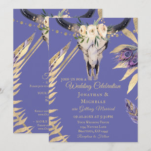 Boho Skull Periwinkle und Gold auf einer Hochzeit Einladung
