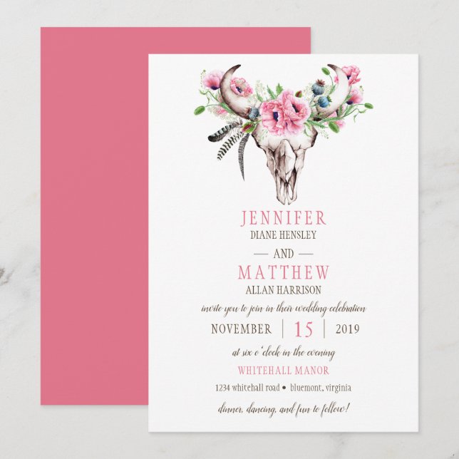 Boho Skull Pink Poppies Hochzeit Einladung (Vorne/Hinten)