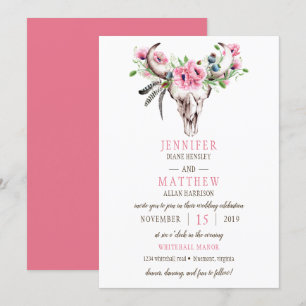 Boho Skull Pink Poppies Hochzeit Einladung