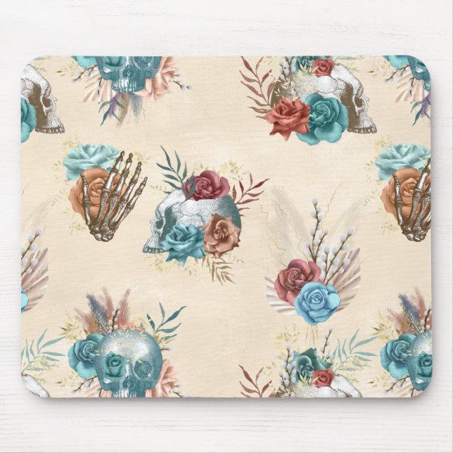 Boho Skull und Skeleton mit Blume Mousepad (Vorne)