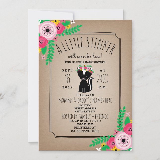 Boho Skunk Floral Cardstock Inspiriert Babydusche Einladung (Vorderseite)