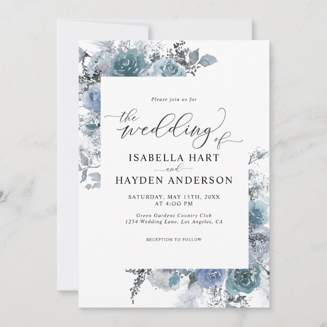 Boho Slate Floral Dusty Blue Pastel Wedding Einladung (Vorderseite)