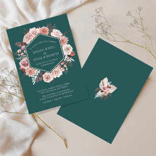 Boho Smaragdgrün Rosa Floraler Kranz Hochzeit Einladung