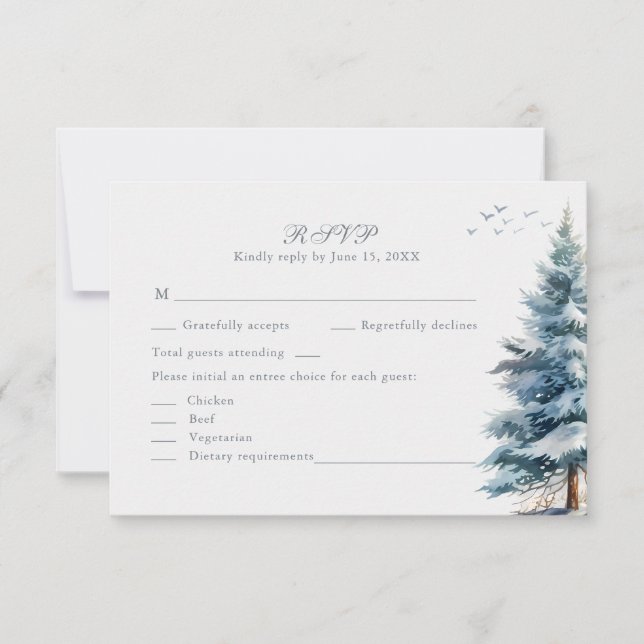 Boho Snowy Mountain & Pine Trees Wedding RSVP Card (Devant)