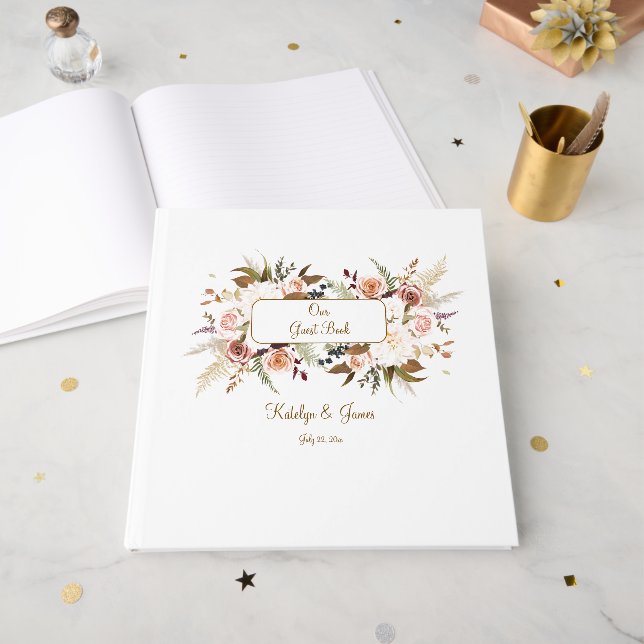 Boho Soft farbige Rose/weiße Blume Hochzeit Gästebuch (Vorderseite offen)